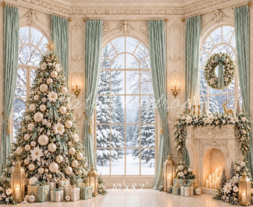 Kate Christmas Tree Fireplace Wreath Snowy Window Printed Backdrop Designed by Emetselch
