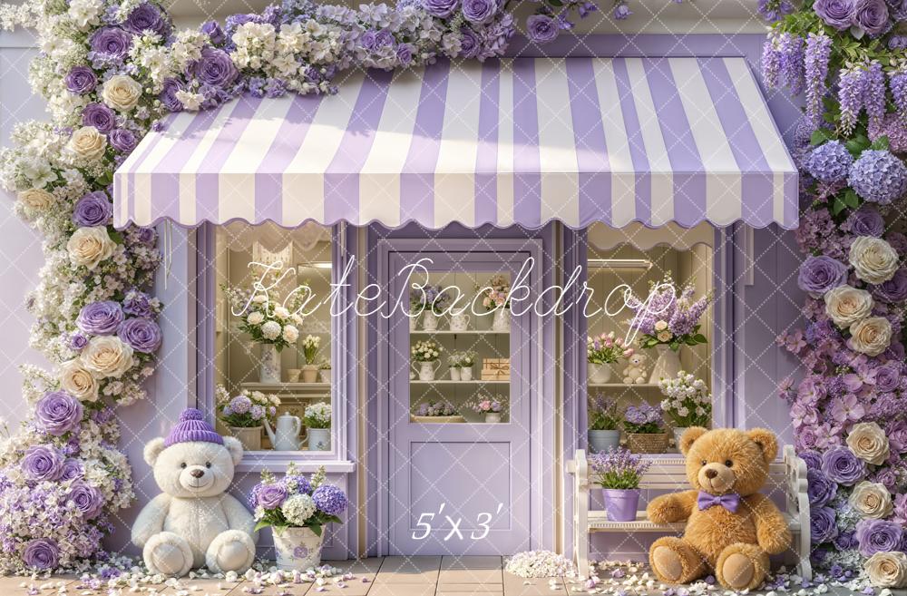 Kate Spring Lavender Flower Shop Striped Awning Teddy Bears Backdrop Designed by Emetselch