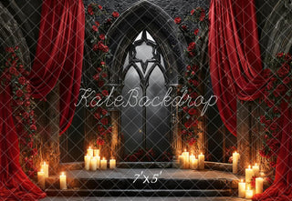 Kate Valentines Gothic Arch Window Red Drapes Roses Candles Printed Backdrop Designed by Emetselch