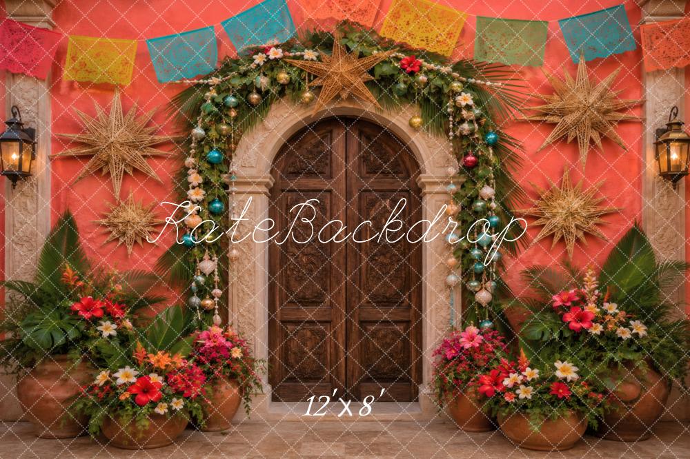 Kate Mexican Christmas Red Arched Door Garland Stars Printed Backdrop Designed by Vertigo Productions