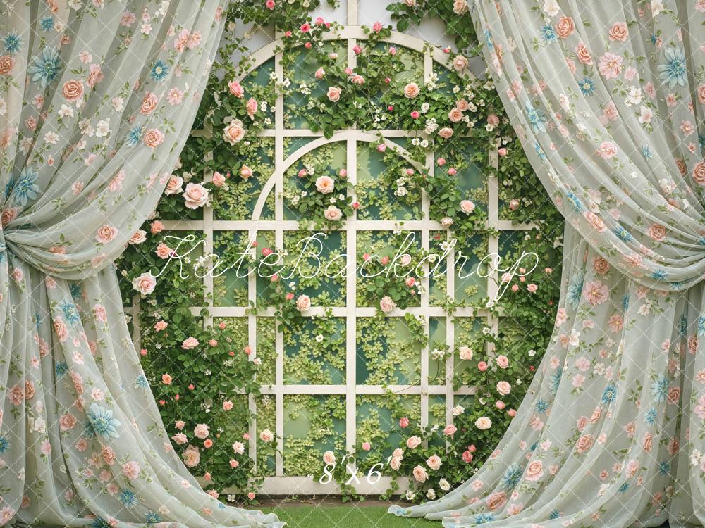 Kate Summer Floral Trellis with Sheer Curtains Printed Backdrop Designed by Mini MakeBelieve