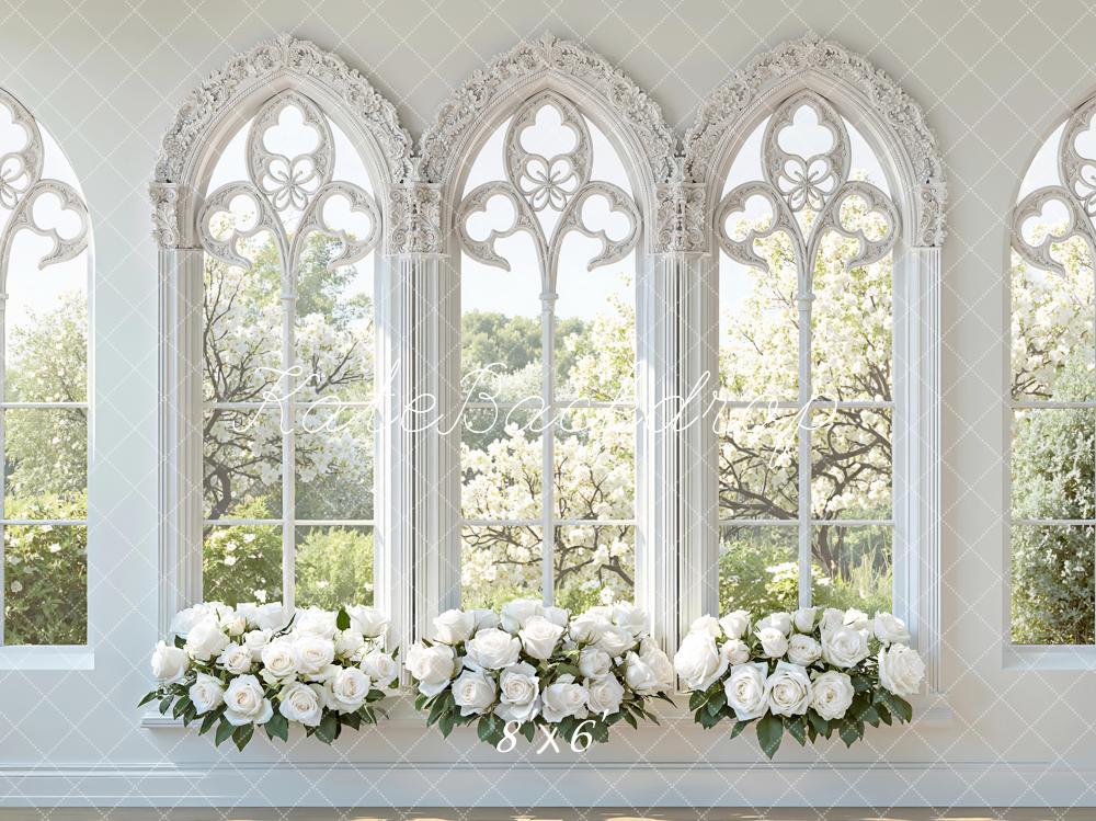 Kate Spring White Roses Gothic Windows Printed Backdrop Designed by Mini MakeBelieve