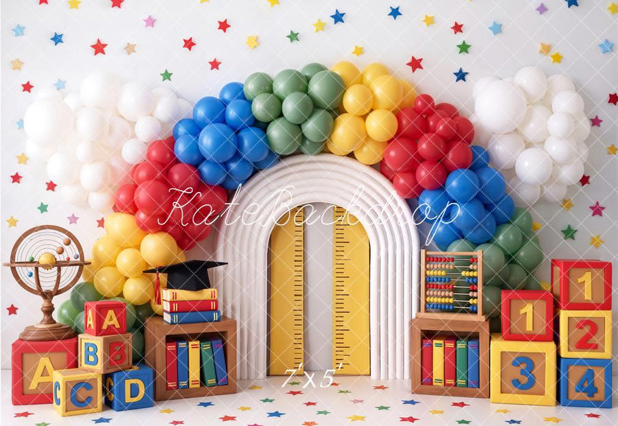 Kate Back to School Rainbow Balloon Arch Books Blocks Printed Backdrop Designed by Chain Photography
