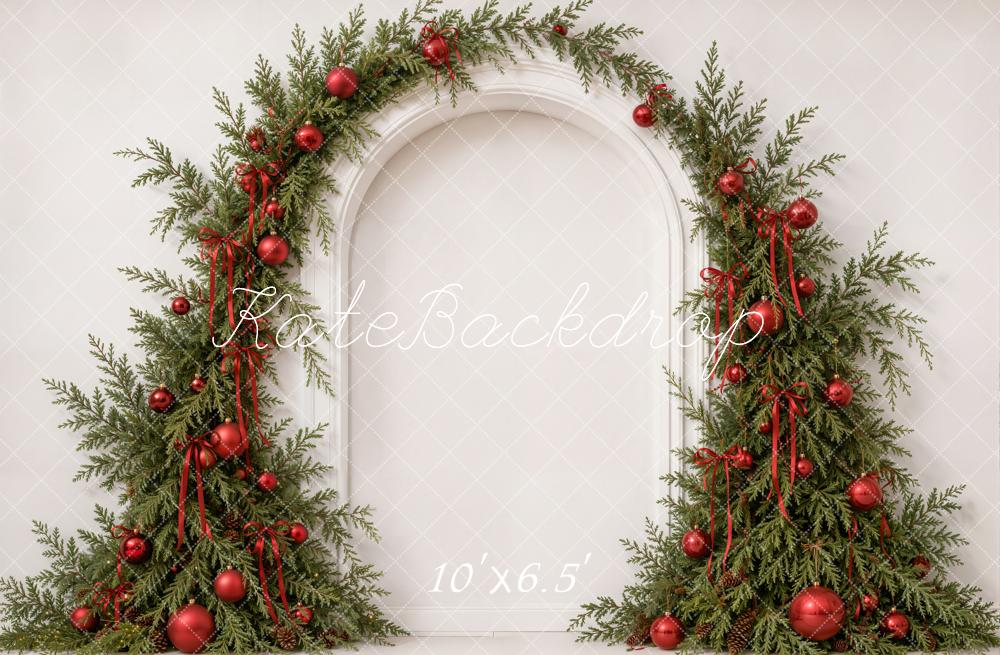 Kate Christmas Evergreen Garland Arch Red Bow Ribbon Printed Backdrop Designed by Emetselch