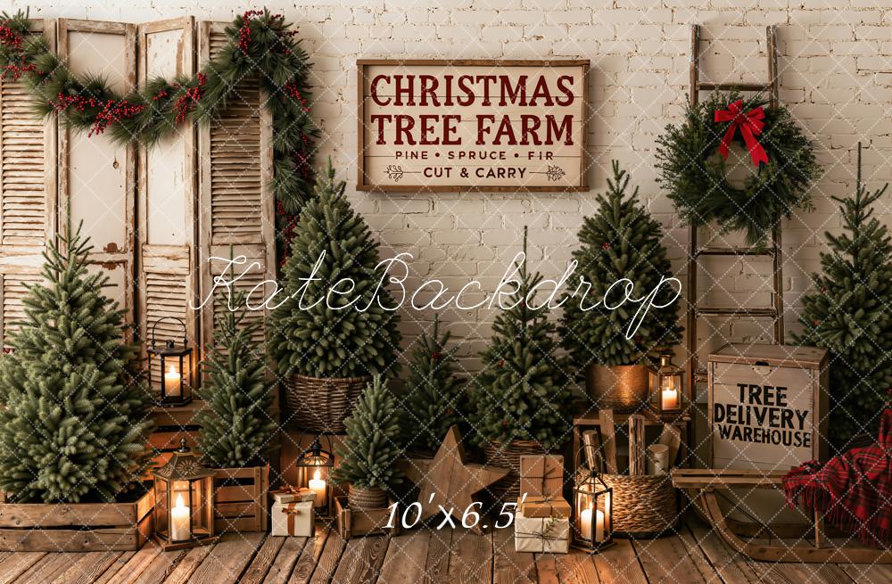 Kate Christmas Tree Farm Rustic Pine Trees Garland Printed Backdrop Designed by Emetselch