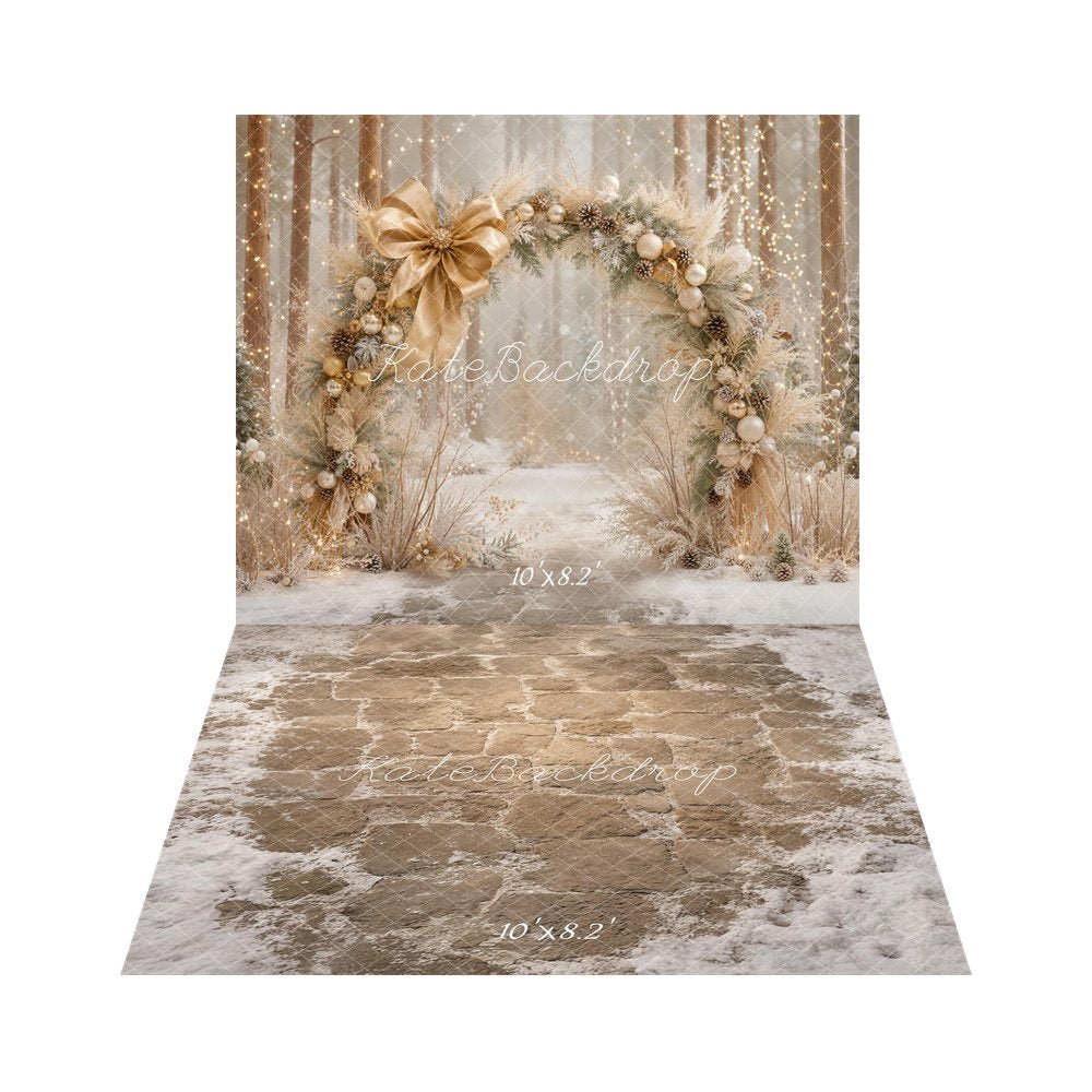 Kate Christmas Flower Arch Gold Ornaments Snowy Forest Printed Backdrop+Cobblestone Floor Snow Printed Backdrop
