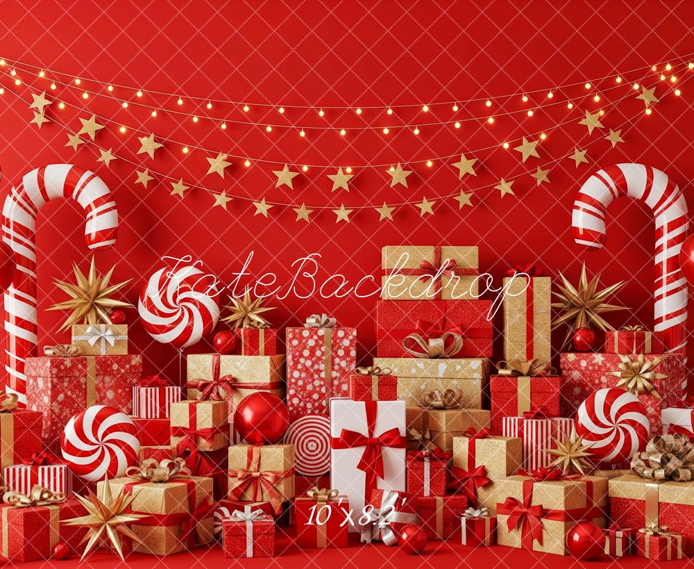 Kate Christmas Red Candy Canes Gift Boxes Stars Balloons Backdrop Designed by Patty Roberts