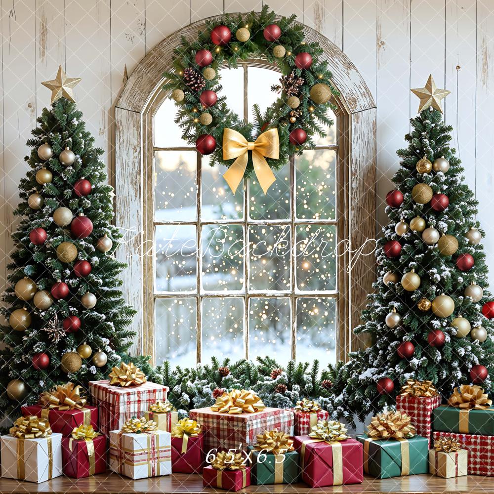 Kate Christmas Trees Window Wreath Presents Distressed Backdrop Designed by Mini MakeBelieve