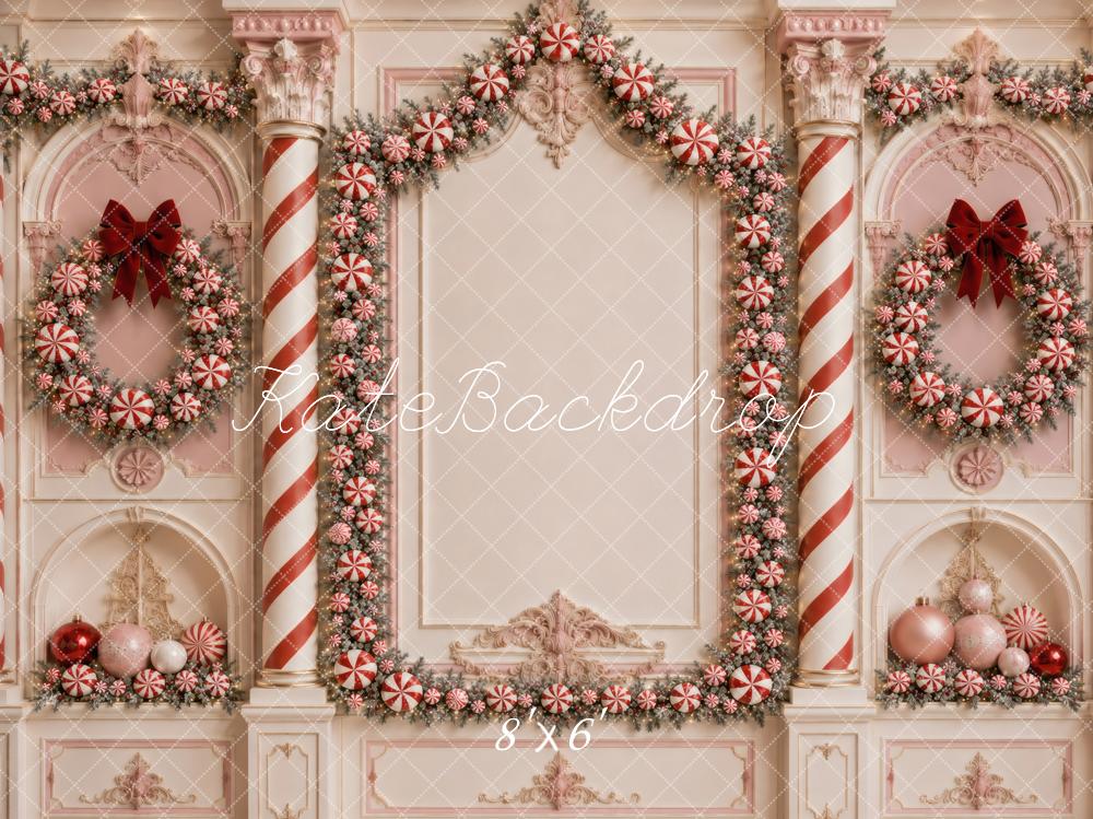 Kate Christmas Pink Candy Wreath Columns Printed Backdrop Designed by Vertigo Productions
