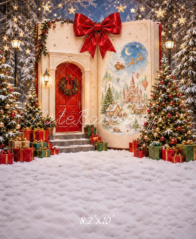Kate Christmas Storybook Snowy Doorway Red Bow Christmas Trees Castle Printed Backdrop Designed by Emetselch
