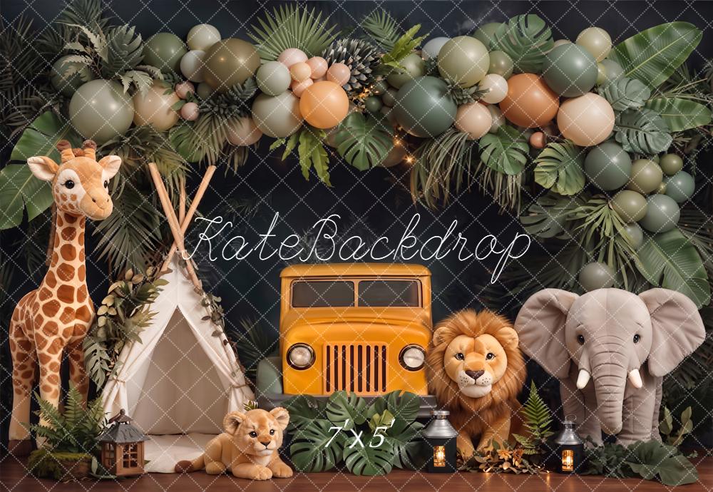 Kate Cake Smash Jungle Jeep Balloon Animals Printed Backdrop Designed by Chain Photography