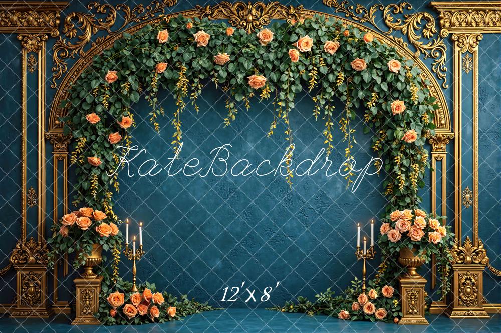 Kate Spring Flower Arch Gold Ornate Blue Floral Roses Printed Backdrop Designed by Mini MakeBelieve