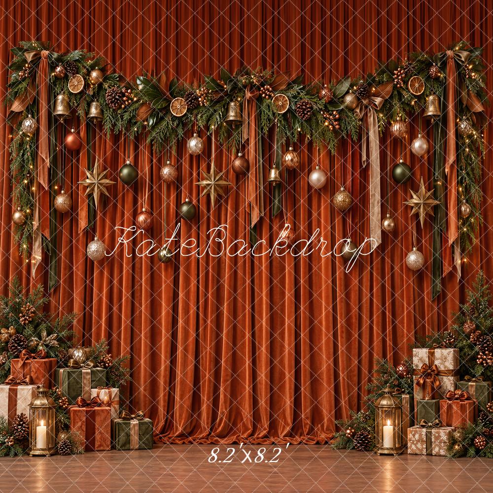 Kate Christmas Burnt Orange Velvet Curtain Ornaments Garland Lights Printed Backdrop Designed by Vertigo Productions