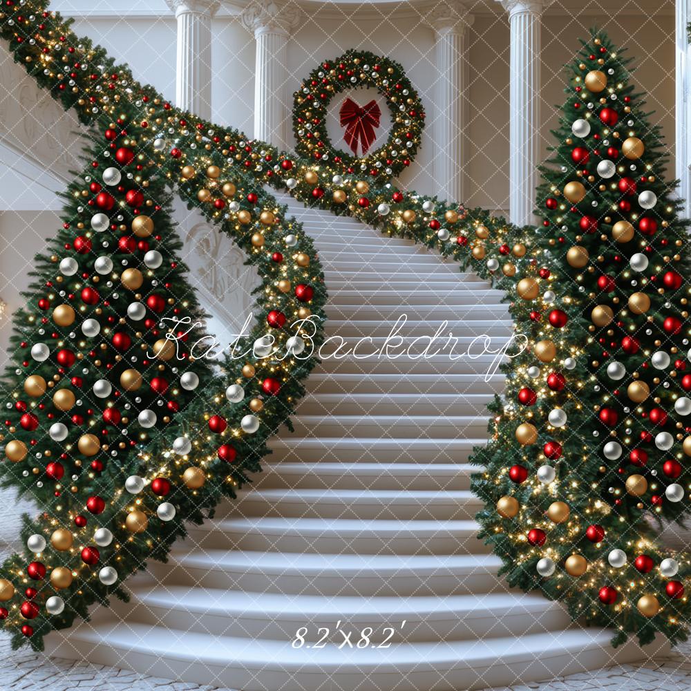 Kate Christmas Cascading Stairs Garland Trees White Backdrop Designed by Mini MakeBelieve