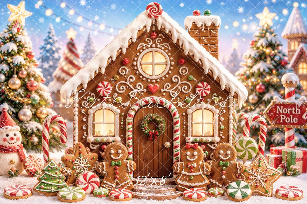 Kate Christmas Gingerbread House Candy Cane Snowman Printed Backdrop Designed by Chain Photography