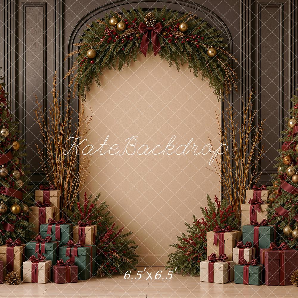 Kate Christmas Tree Red Ribbon Bow Arch Gift Vintage Printed Backdrop Designed by Shutter Swan Studios