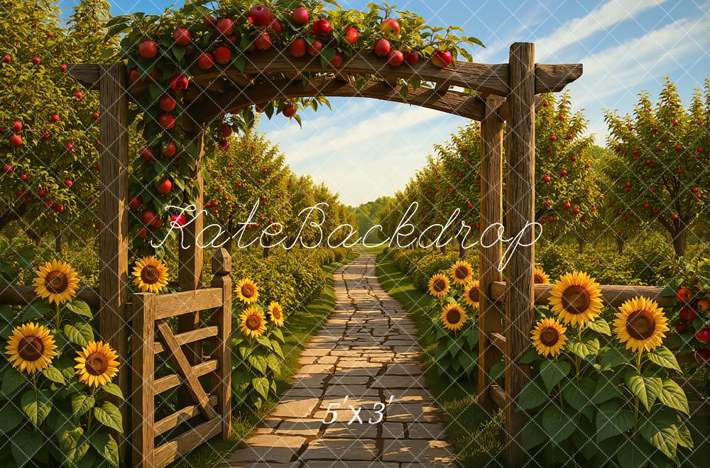 Kate Fall Orchard Wooden Arch Sunflowers Path Backdrop Designed by Mini MakeBelieve