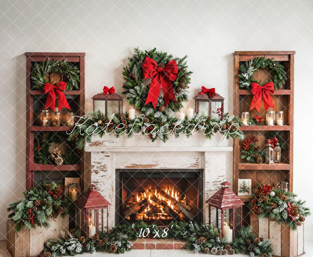 Kate Christmas Fireplace Wreath Wooden Shelves Backdrop Designed by Emetselch