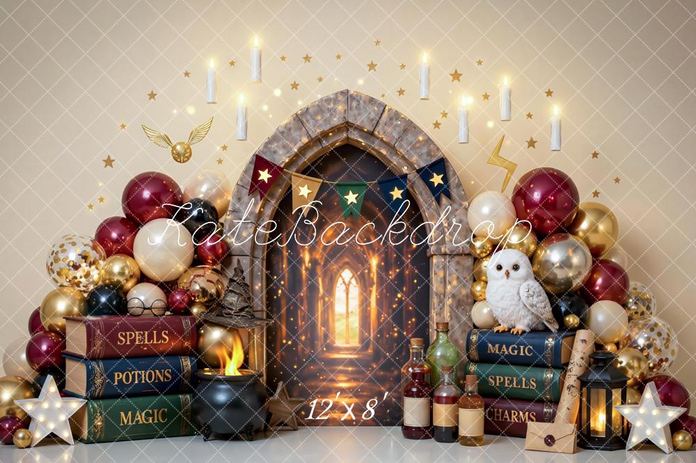 Kate Cake Smash Magic Castle Arch Balloons Spells Books Owl Printed Backdrop Printed Backdrop Designed by Mini MakeBelieve