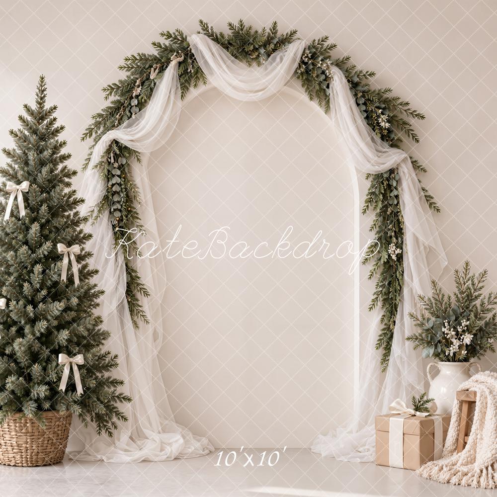 Kate Christmas Tree Evergreen Arch White Drapes Bow Printed Backdrop Printed Backdrop Designed by Emetselch