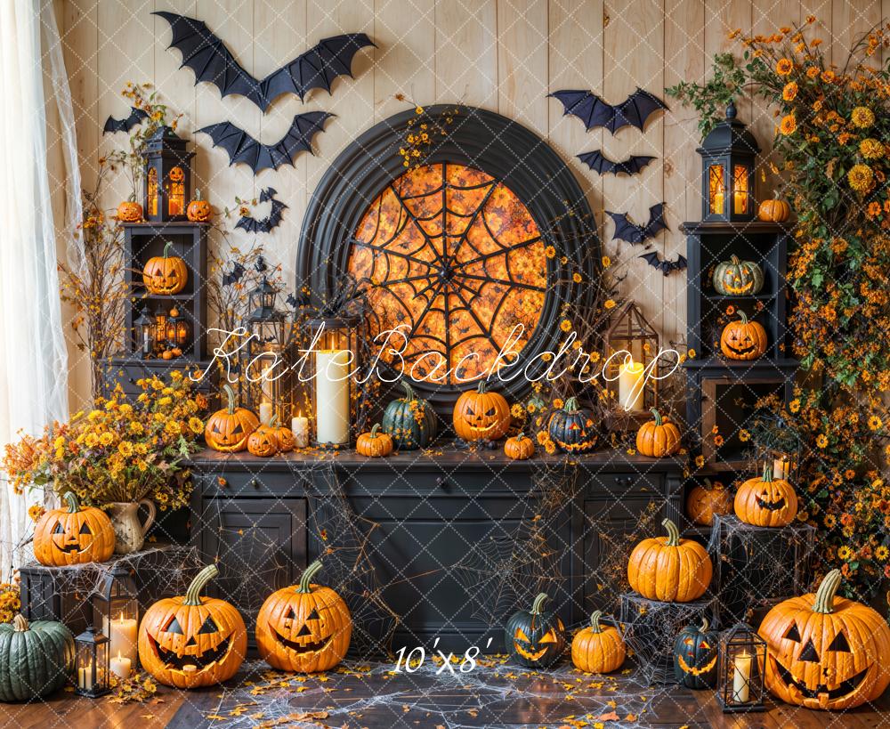 Kate Halloween Pumpkin Spiderweb Bat Black Cabinets Backdrop Designed by Emetselch