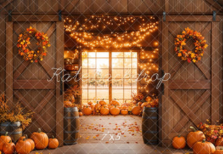 Kate Fall Wooden Door Pumpkin Barn Lights Window Printed Backdrop Designed by Emetselch