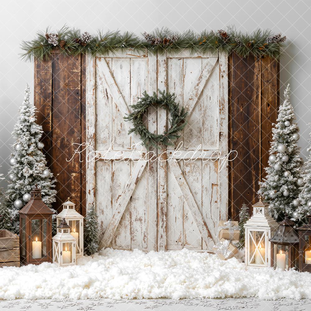 Kate Christmas Rustic Barn Door Snowy Trees Lanterns Printed Backdrop Designed by Emetselch