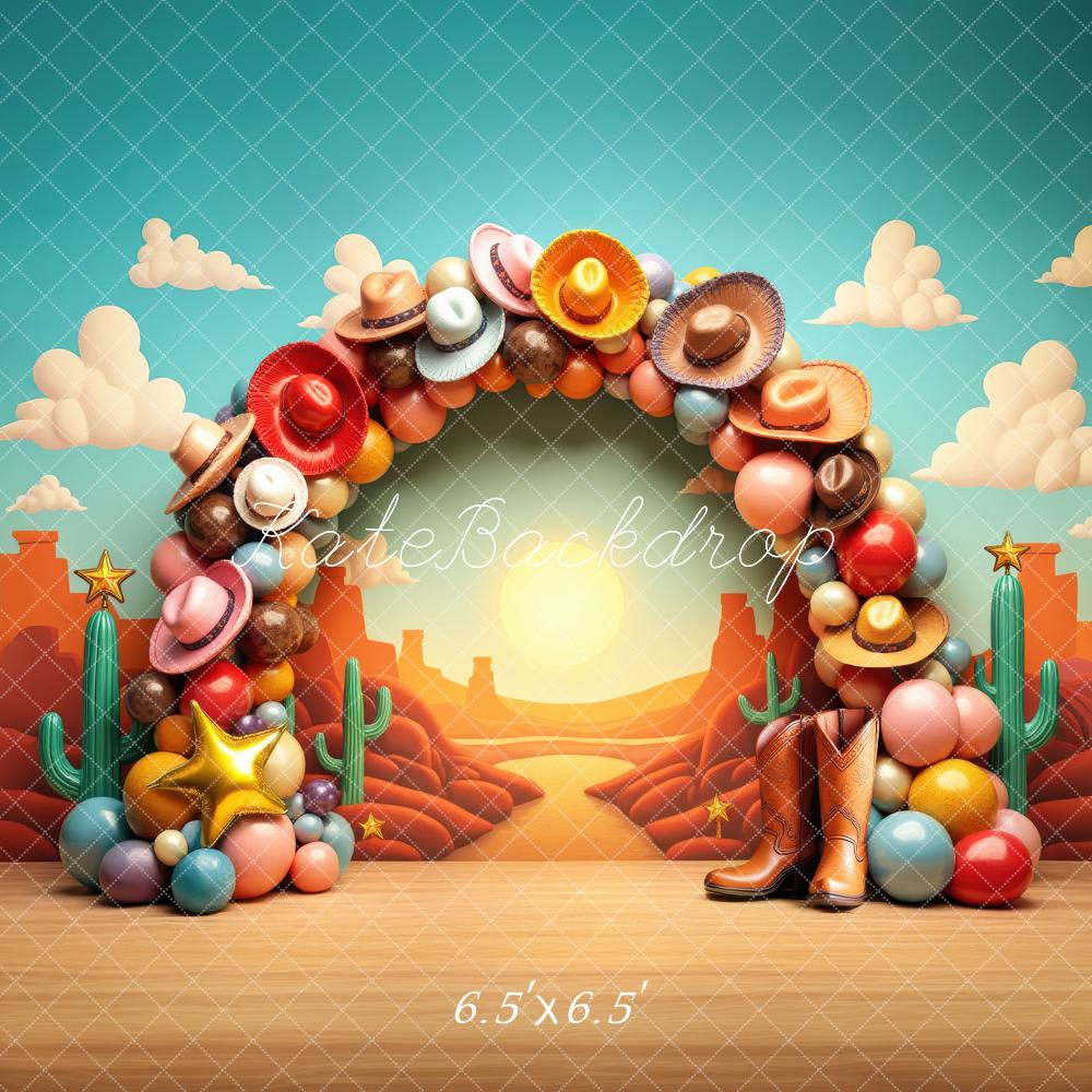 Kate Western Cowboy Hat Balloon Arch Desert Boots Printed Backdrop Designed by Laura Bybee