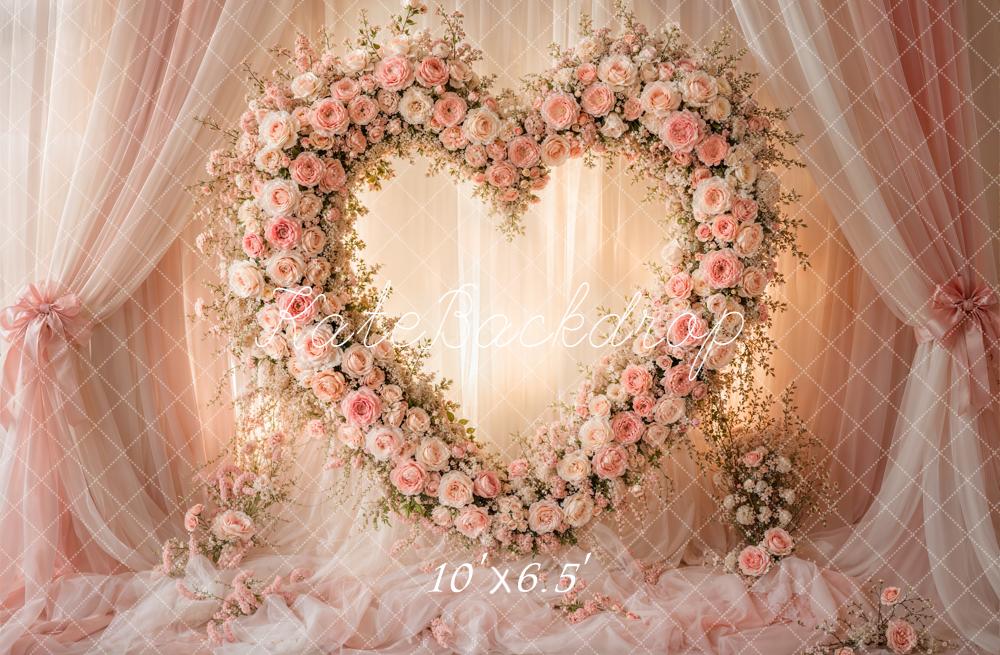 Kate Valentines Heart Flower Wreath Pink Roses Sheer Drapes Printed Backdrop Designed by Emetselch