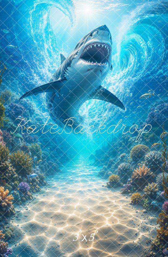 Kate Underwater Ocean Shark Coral Reef Adventure Printed Backdrop Designed by Emetselch