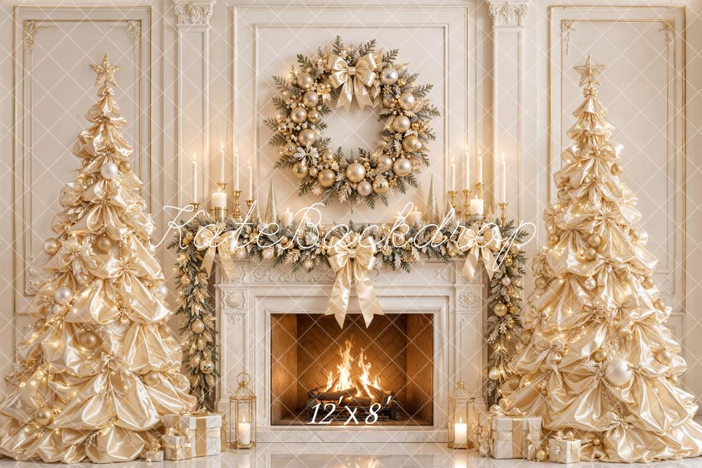 Kate Christmas Gold Satin Trees Wreath Fireplace Garland Printed Backdrop Designed by Emetselch