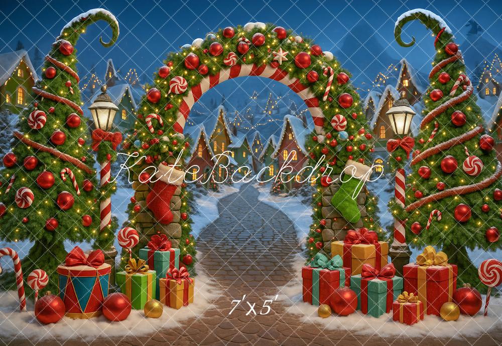 Kate Christmas Trees Whatville Village Candy Arch Gift Snowy Backdrop Designed by Ashley Paul