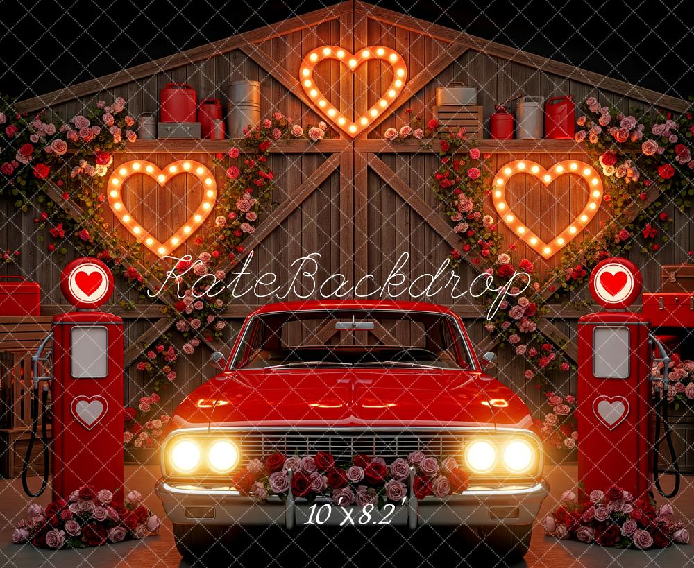 Kate Valentine's Day Red Car Heart Gas Pump Barn Roses Backdrop Designed by Patty Roberts