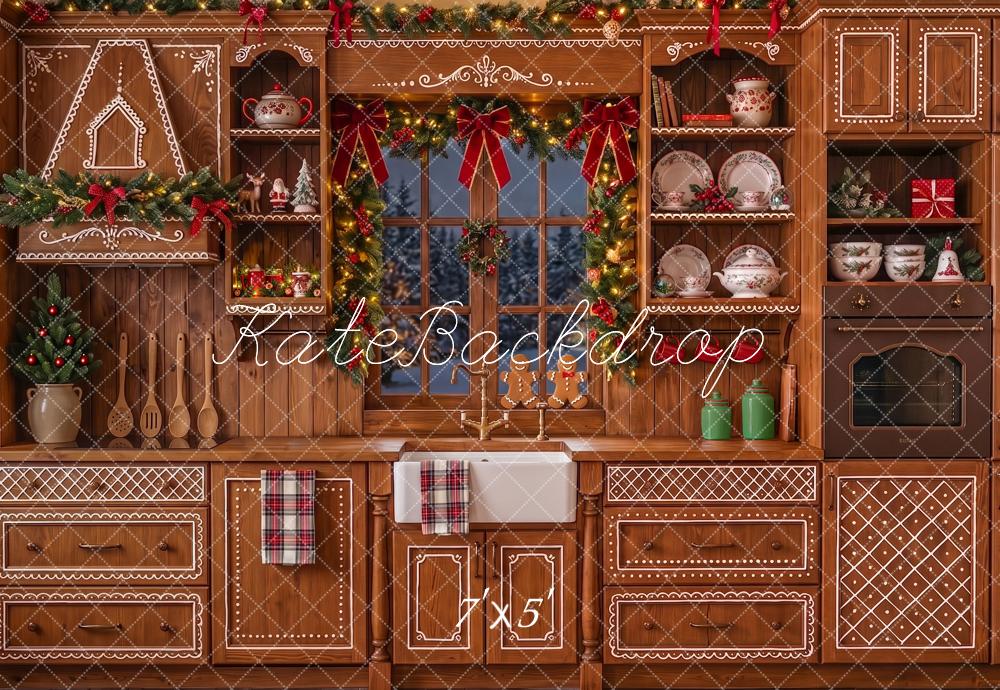 Kate Christmas Gingerbread Kitchen Cabinet Printed Window Plates Backdrop Designed by Angela Miller