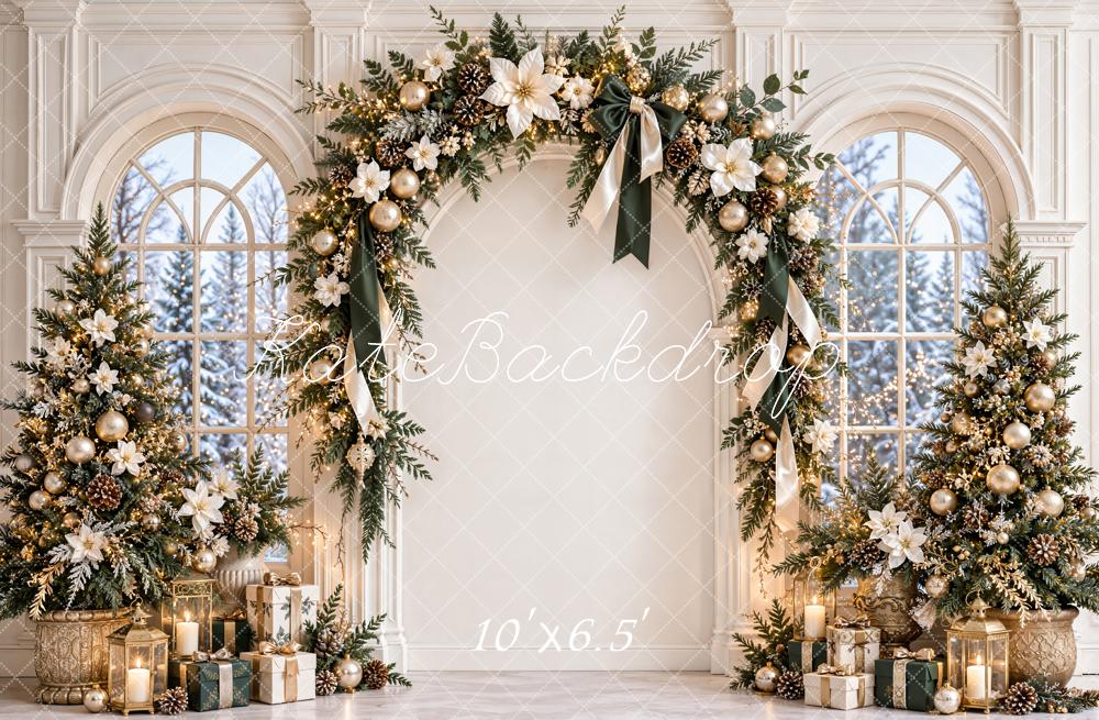 Kate Christmas Trees White Flower Arch Windows Poinsettias Printed Backdrop Designed by Emetselch