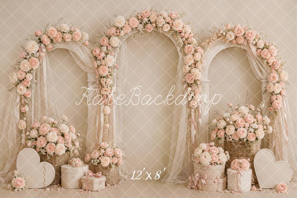 Kate Valentine's Day Pink Floral Arches Sheer Drapes Heart Printed Backdrop Designed by Emetselch