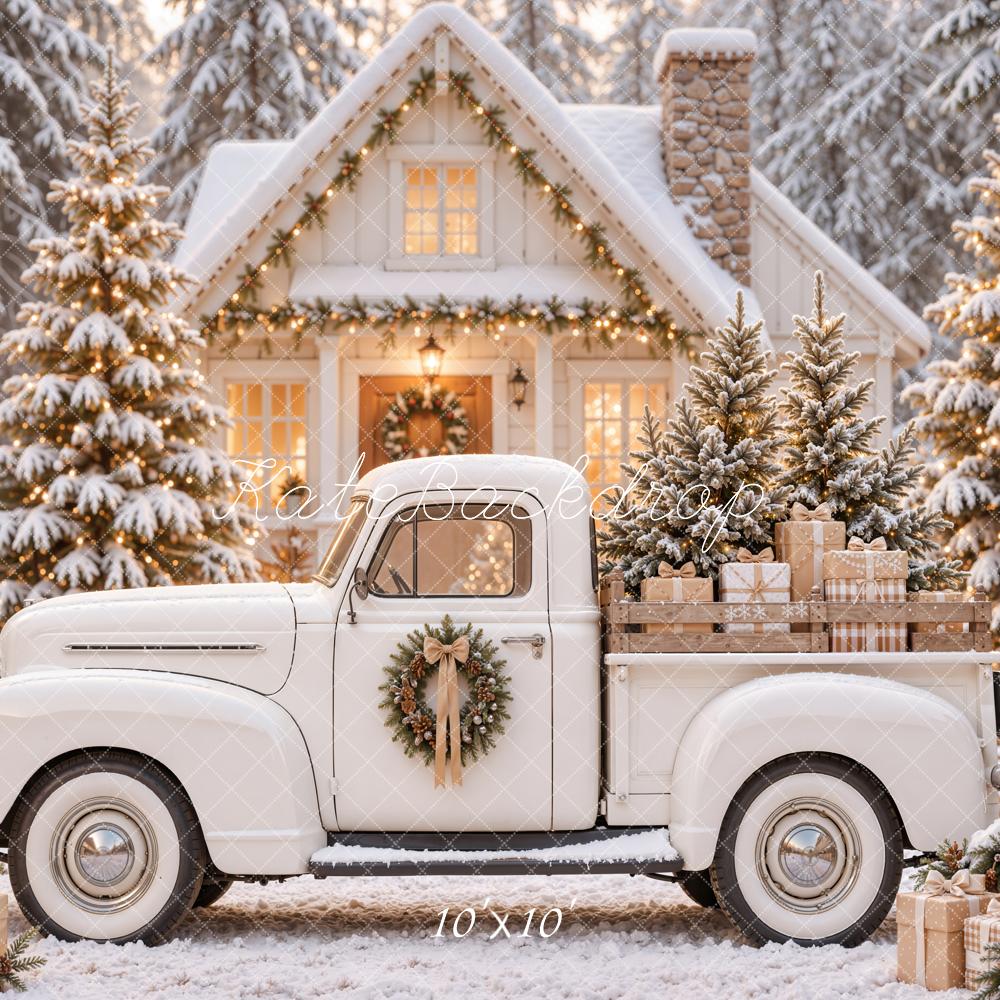 Kate Christmas White Vintage Truck Snowy Cabin Printed Backdrop Designed by Emetselch