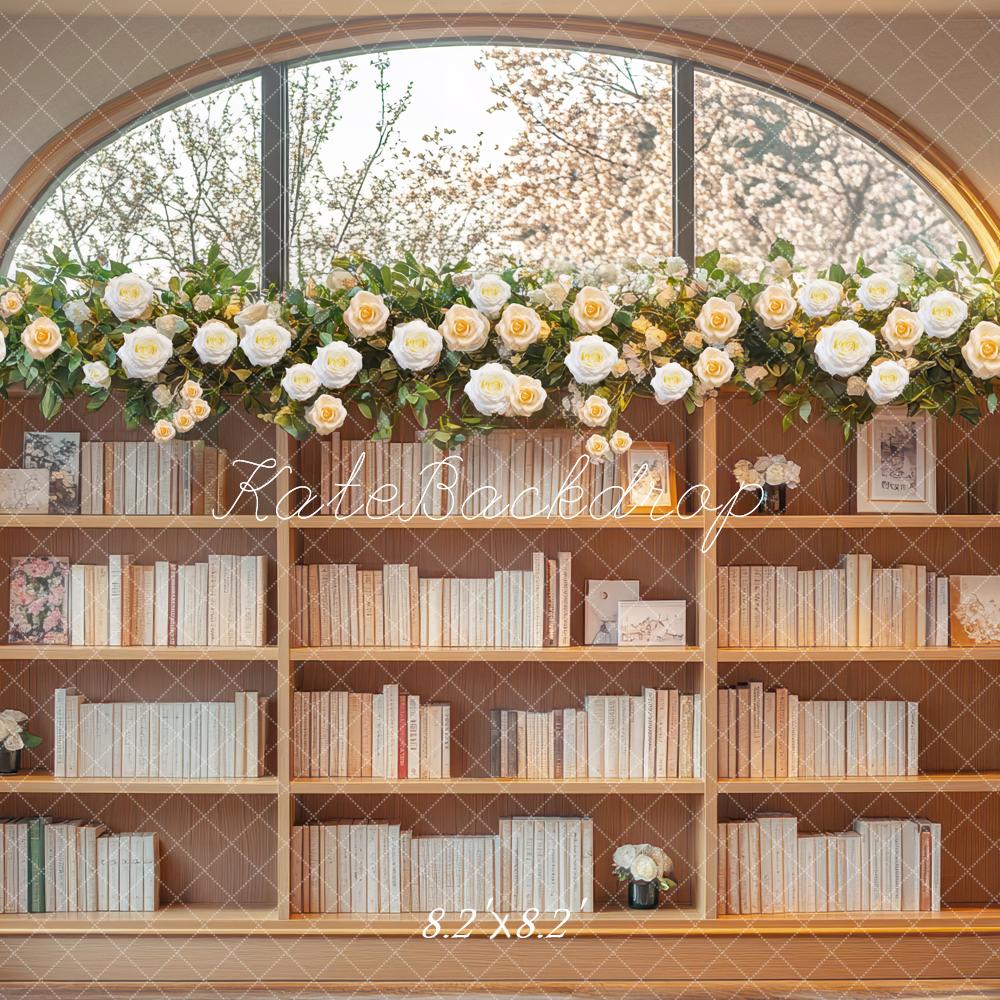 Arco de Flores Romántico Estante de Libros Fondo de Ventana