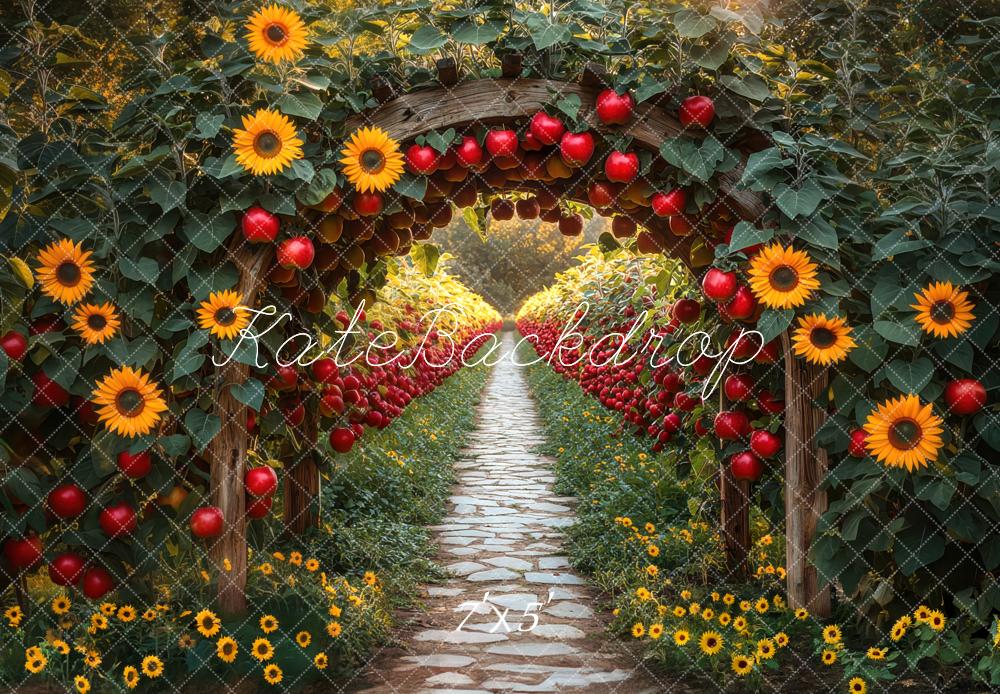 Kate Fall Sunflower Archway Red Apples Cobblestone Path Backdrop Designed by Mini MakeBelieve