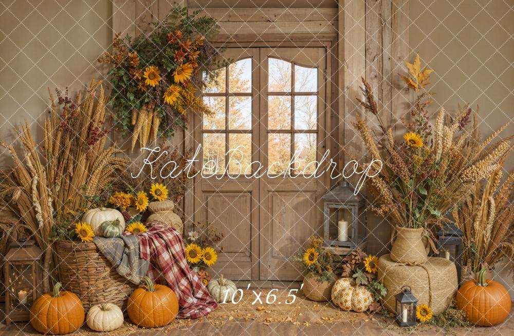 Kate Fall Rustic Door Pumpkin Sunflower Harvest Backdrop Designed by Emetselch