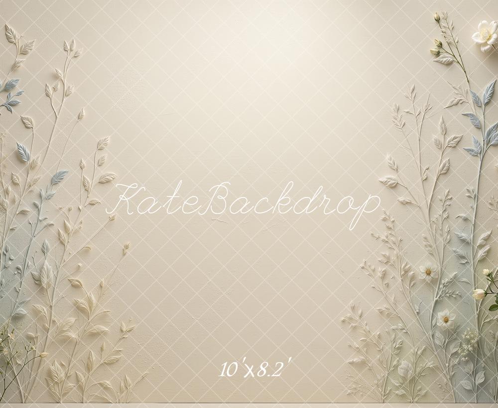 Kate Spring Botanical Blue Green Floral Wall Cream Printed Backdrop Designed by Shutter Swan Studios