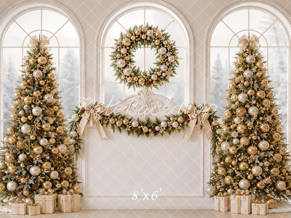 Kate Christmas Headboard Gold Christmas Trees Wreath Garland Window Printed Backdrop Designed by Emetselch