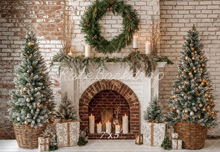Kate Christmas Fireplace Tree Wreath Brick Wall Printed Backdrop Designed by Emetselch