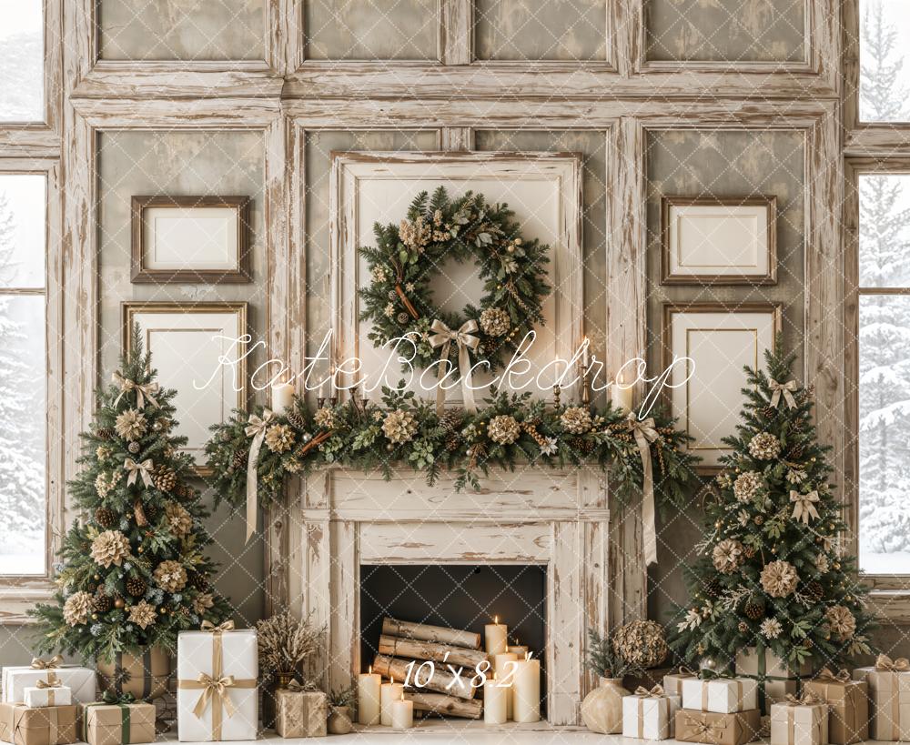 Kate Christmas Fireplace Rustic Wreath Garland Trees Neutral Printed Backdrop Designed by Emetselch