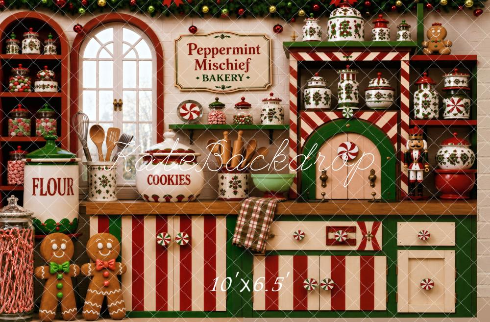 Kate Christmas Peppermint Gingerbread Kitchen Cabinet Green Red Striped Printed Backdrop Designed by Vertigo Productions