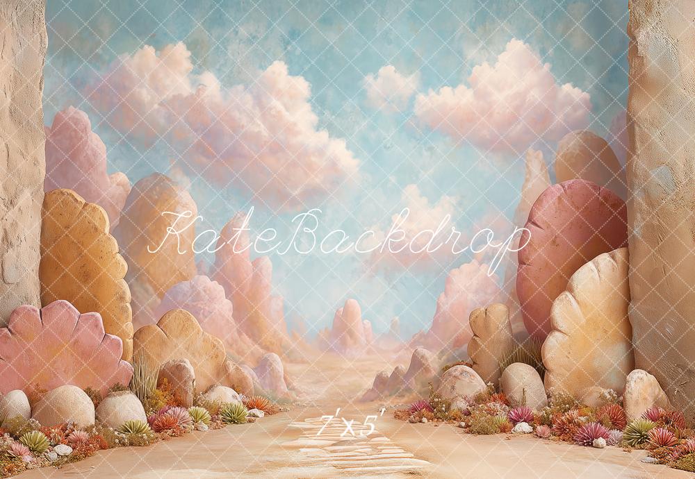 Kate Fantasy Pastel Rocks Clouds and Succulent Plants Printed Backdrop Designed by Angela Miller