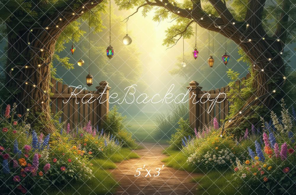 Kate Fairy Fantasy Garden Trees Lanterns Path Printed Backdrop Designed by Laura Bybee