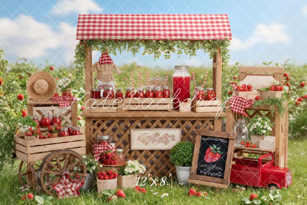 Kate Summer Strawberry Market Stand Wagon Crates Gingham Printed Backdrop Designed by Emetselch