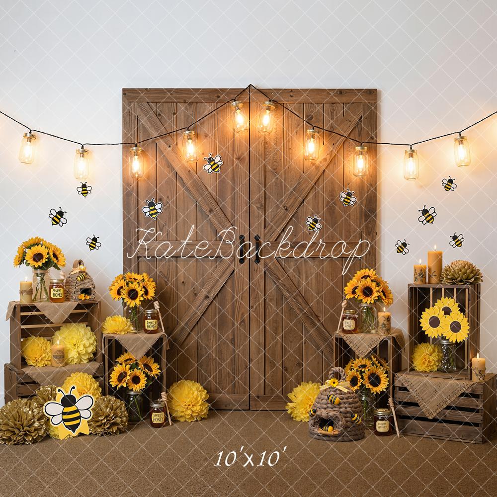 Kate Summer Bee Sunflower Wooden Barn Door Crates Backdrop Designed by Emetselch