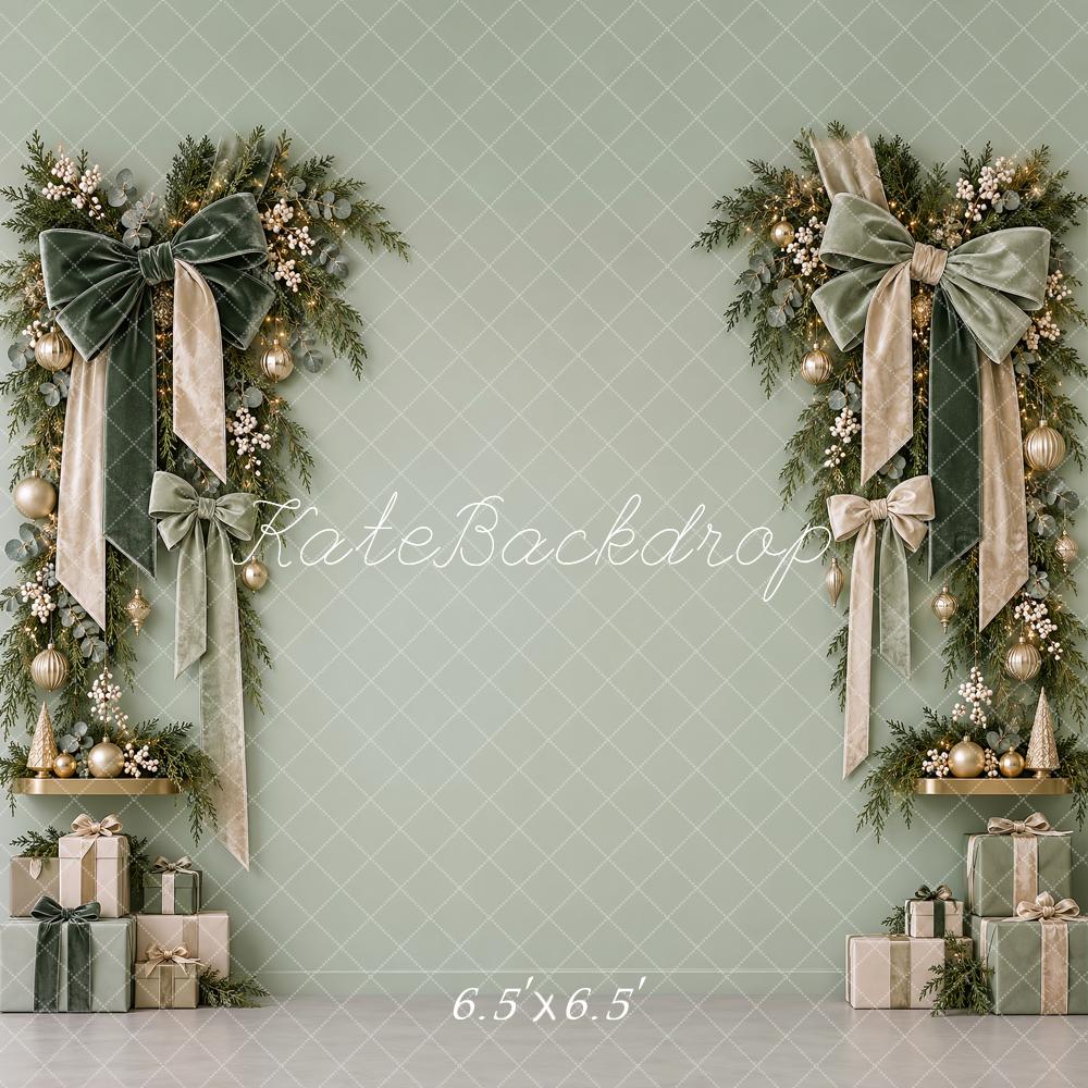 Kate Christmas Sage Green Wreath Velvet Bows Printed Backdrop Designed by Vertigo Productions